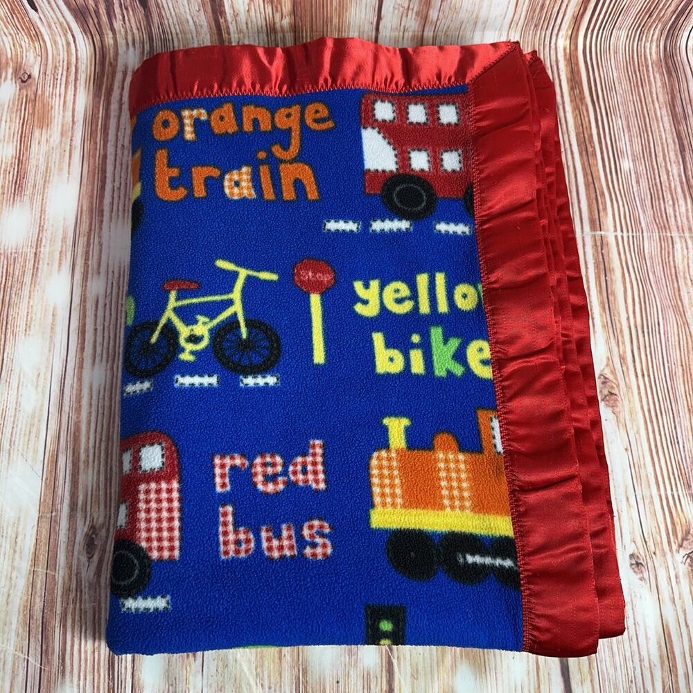 72x54 Car Train Bus Bike Transportation Boys Girls Blue Blanket Red Satin Trim